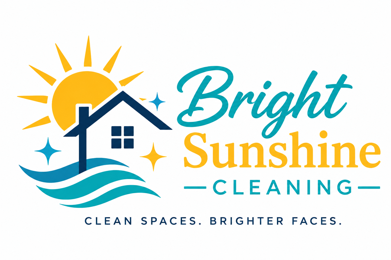 Bright Sunshine Cleaning logo: a golden sun rising over a navy house with teal waves below