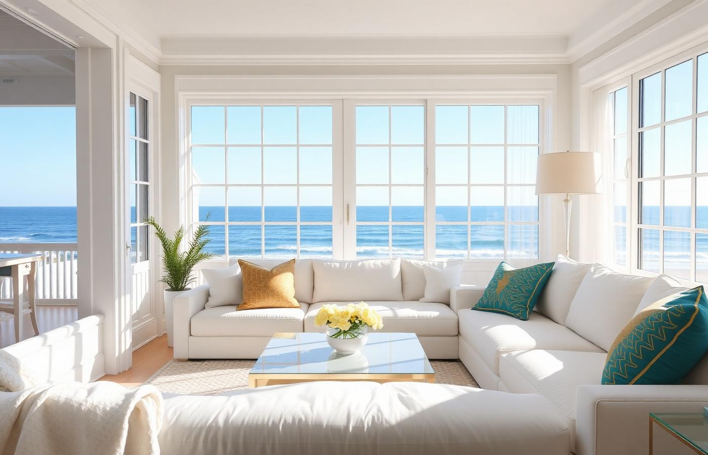 Freshly cleaned coastal living room overlooking the ocean